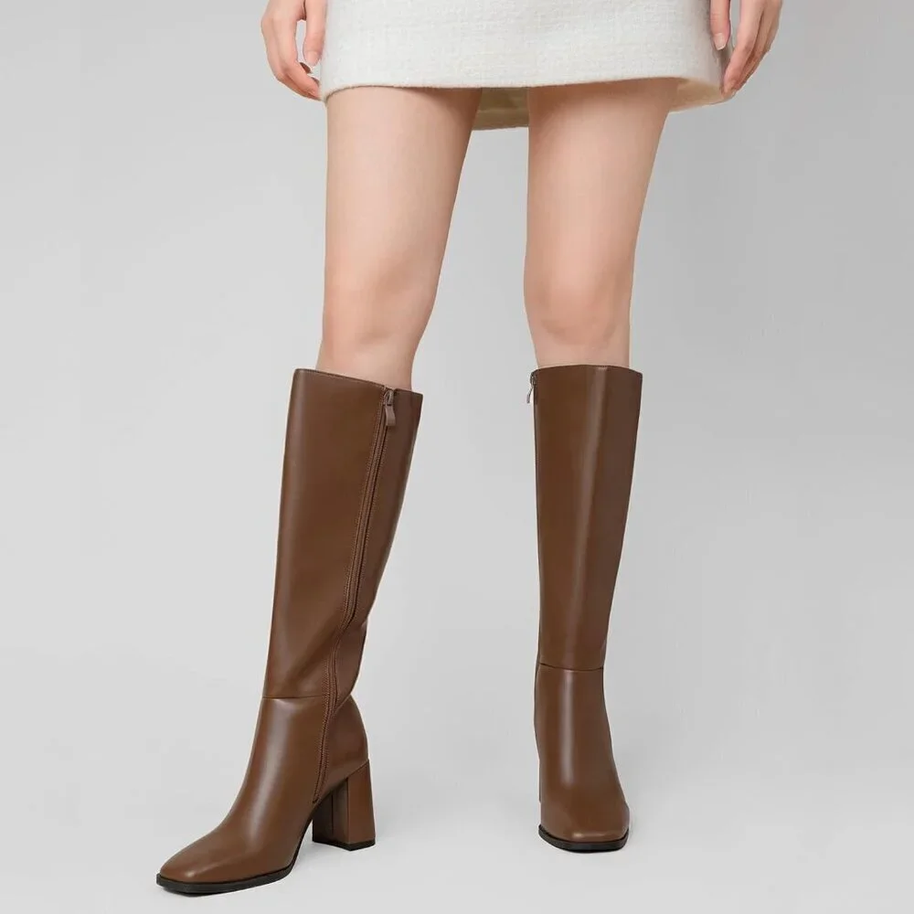 Women's Faux Leather Tan Square Toe Side Zipper Chunky Heel Knee High Boots